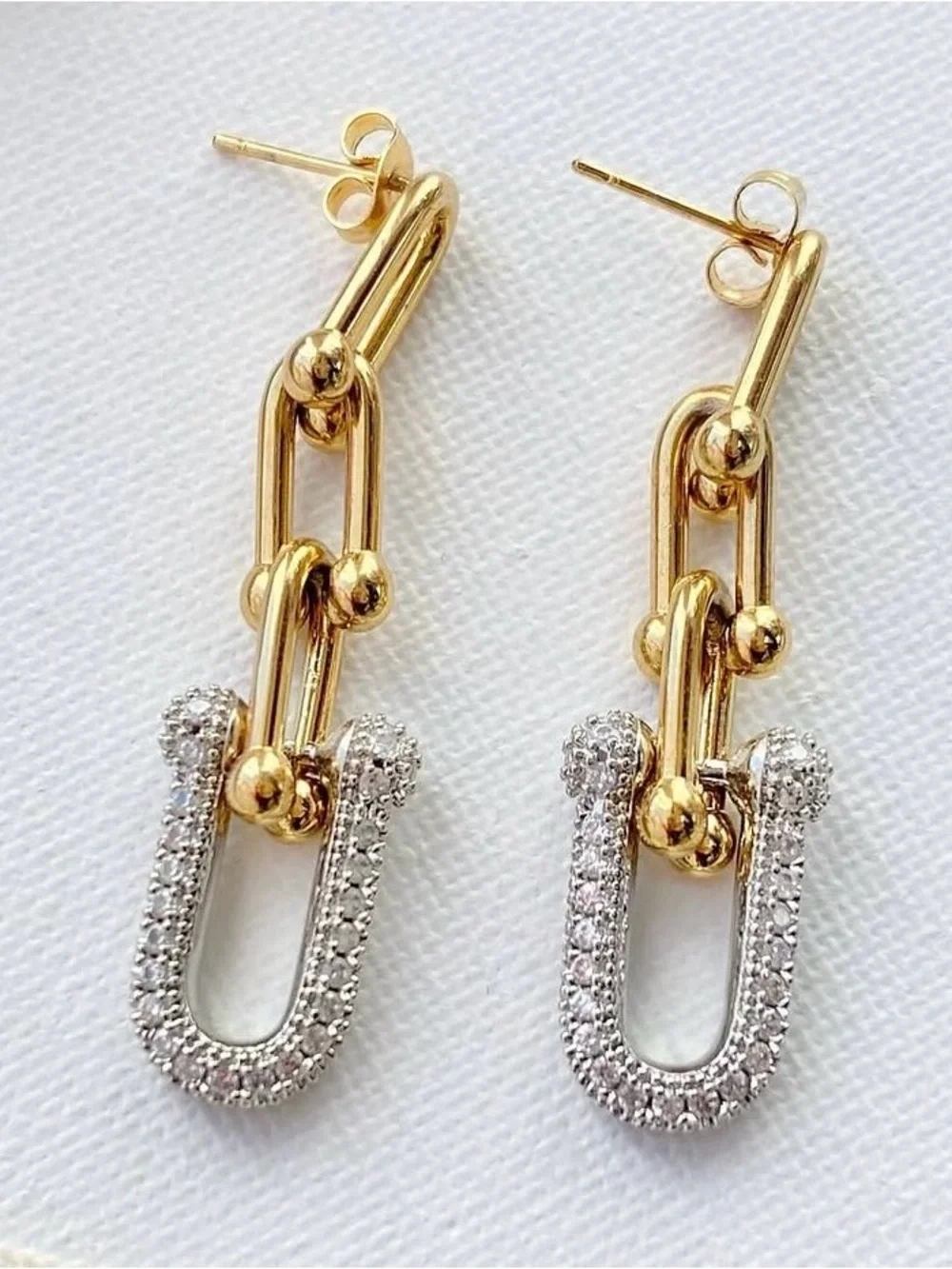 Gold Link Drop Earrings with Silver Pavé Accents comes with box